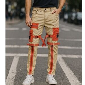 NWT PREME Cargo Pants Zippers Straps‎ Accents Beige Orange Men's Size 38 x 34